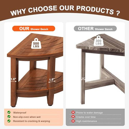 18" Teak Corner Shower Stool, Inside Shower Stool with Storage Shelf, Waterproof Teak Stool for Shaving Legs and to Sit On, 2-Tier Shower Stool,Adjustable Feet, Non-Slip, Brown