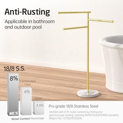 KES 40-Inch Freestanding Towel Rack with Weighted Marble Base, Brushed Gold | 10.2 Lb Natural Stone Base, 3 Swivel Arms, SUS304 Stainless Steel, Anti-Slip, Quick-Dry Design - color: Brushed Gold, size: 3 Arms