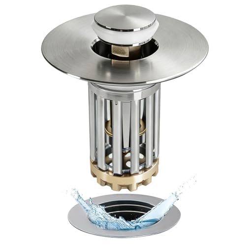 Anlige 3 in 1 Pop Up Bathroom Sink Stopper, Bathroom Sink Drain Strainer, with Removable Basket Hair Catcher, Universal Sink Plug Cover for 1.06 in to 1.6 in Drain, Brushed Nickel - color: Brushed Nickel