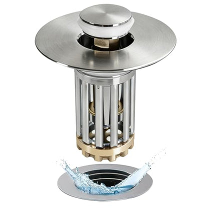 Anlige 3 in 1 Pop Up Bathroom Sink Stopper, Bathroom Sink Drain Strainer, with Removable Basket Hair Catcher, Universal Sink Plug Cover for 1.06 in to 1.6 in Drain, Brushed Nickel - color: Brushed Nickel