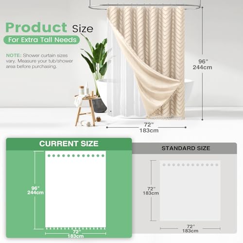 Boho Shower Curtain and Liner Set, Tufted Chevron Textured Tassel Shower Curtains for Bathroom and Waterproof Liner with Hook, 72" W x 96" L (Pack of 1), Beige 1 - color: Beige, size: 72"W x 96"L (Pack of 1)
