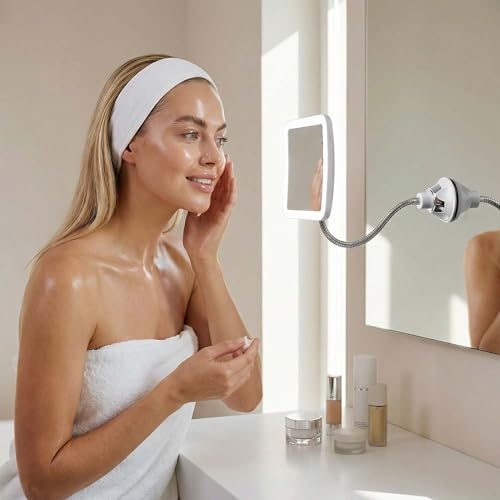 Fancii Flexible Magnifying Mirror 10X with LED Light and Gooseneck, Lighted Travel Makeup Mirror, Lock Suction, Natural Daylight LED, Cordless and Portable (Mira Plus)