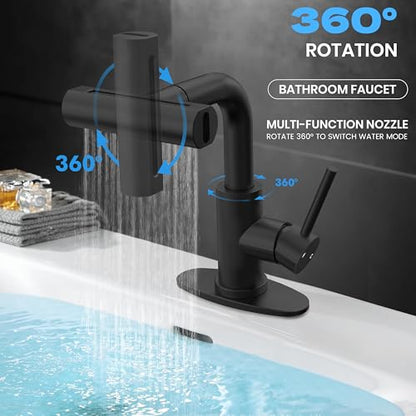 Matte Black Bathroom Sink Faucet with Pull Down Sprayer - 4 Mode Single Handle Vanity Faucet Waterfall Bathroom Faucet with Pull Down Sprayer (No Drain) - color: Black