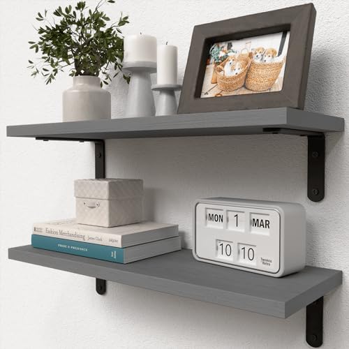 RICHER HOUSE Rustic Wood Floating Shelves, 2-Set Wall Mounted Shelves, 16In | Farmhouse Hanging Shelf for Wall Décor, Heavy Duty Book Shelf for Living Room, Bathroom Bedroom Kitchen Storage, Grey - color: Grey
