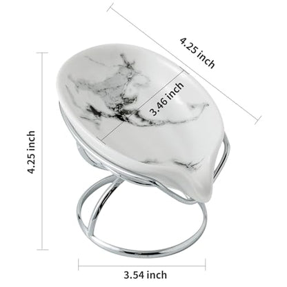 Dobbyby Leaf-Shaped Soap Dish – Premium Ceramic Soap Bar Holder with Self-Drainage System – Bar Soap Holder for Shower, Bathroom Sink, Kitchen – Waterfall Soap Dish with Stainless Steel Stand (SLIVER) - color: Sliver