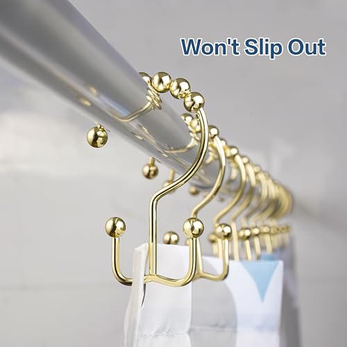 DAWNER Shower Curtain Hooks Rings, Rust Proof Hooks, Metal Easy Glide Double Shower Rings Hooks, Stainless Steel Shower Curtain Hangers for Bathroom Shower Curtains, Set of 12 Hooks, Gold Color - color: Gold