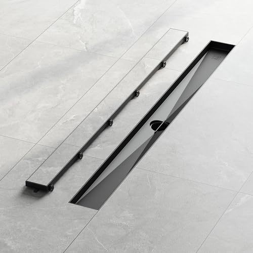 Neodrain 32" Shiny Black Linear Shower Drain,2-in-1 Flat& Tile Insert Cover | 304 Stainless Steel,Fast Drainage, Durable,Rectangle Shower Floor Drain with Adjustable Feet,Hair Strainer,Fits Bathrooms - color: Shiny Black, size: 32 In
