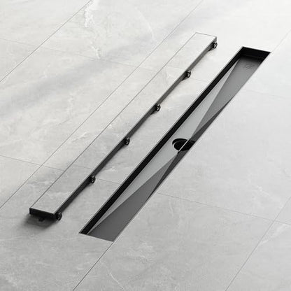 Neodrain 32" Shiny Black Linear Shower Drain,2-in-1 Flat& Tile Insert Cover | 304 Stainless Steel,Fast Drainage, Durable,Rectangle Shower Floor Drain with Adjustable Feet,Hair Strainer,Fits Bathrooms - color: Shiny Black, size: 32 In