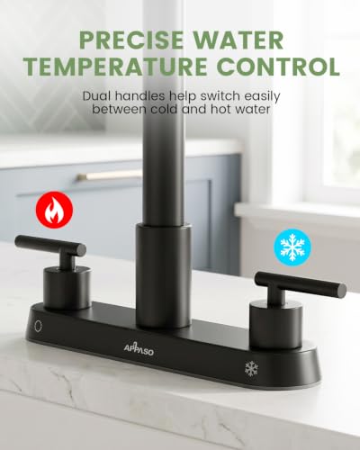 APPASO 4 Hole Kitchen Faucet Matte Black, Dual Handle with Soap Dispenser | Black Kitchen Faucet with Pull Down Sprayer, Square Neck Stainless Steel, Fit for 3 or 4 Holes Standard Sinks, Spot Resist - color: 2-Black