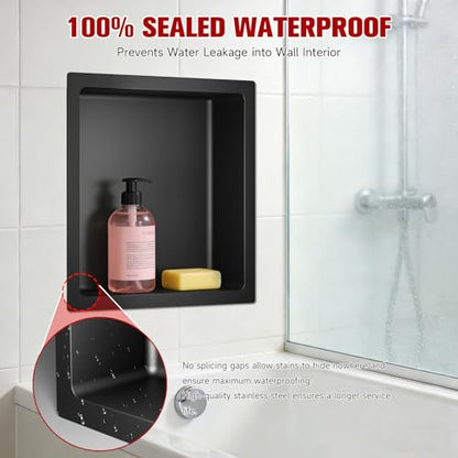 VELPAX No Tile Needed Shower Niche 12"X 12", Bathroom Wall Niche Single Shelf, Stainless Steel Shower Niche for Bathroom, Kitchens, Balconies - color: Black, size: 12"X 12" Single Shelf