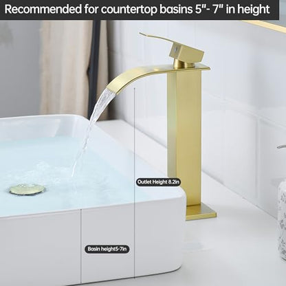 Tall Vessel Sink Faucet Brushed Gold Faucet for Bathroom Sink Tall Waterfall Bathroom Faucet Single Handle 1 or 3 Hole Wash with Pop-up Drain - color: Brushed Gold
