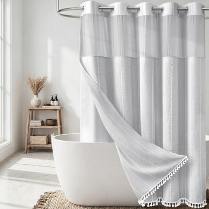 Grey Ringless Boho Striped Tassel Shower Curtain with Snap Liner 72x75 | Heavy Duty Linen Blend, 3 in 1 Shower Curtain Set, Farmhouse Style, Waterproof & Washable, Mesh Top Window, Easy to Install - color: Grey, size: 72"W x 75"L (Pack of 1)