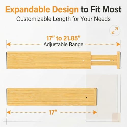 FUSHITON Bamboo Drawer Dividers 17"-22" Adjustable Expandable Drawer Organizers Spring Loaded Drawer Separators for Kitchen Dresser Bathroom Bedroom Office Storage, 4 Pack