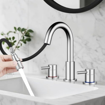 Pull-Down Bathroom Faucet 3 Hole 8 Inch with Pop-Up Drain,Chrome | 360° Swivel Spoutr & Dual Modes,8" Widespread 2-Handle, Pop-Up Drain & 10-Min Install for 3-Hole Bathroom Sink Faucets. - color: Chrome