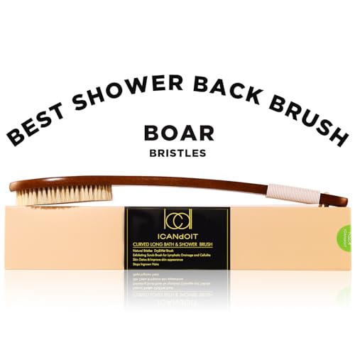 ICANdOIT-17.71Inch Natural Boar Bristles Anti-Slip Curved Long Handle Bath Brush,Bent Handle Shower Scrubber for Exfoliating,Shower Back Brush