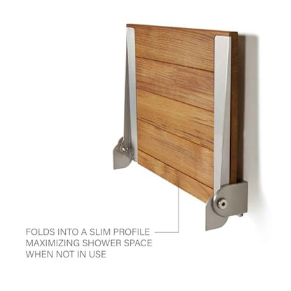 Seachrome18 inch Silhouette Slimline Folding Wall Mount Shower Bench Seat, Natural Teak Wood with Silver Frame - color: Teak Wood With Silver Frame