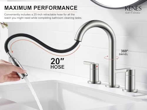 Brushed Nickel Pull Down Widespread Bathroom Faucet 2 Handle 3 Hole | Pull Out Bathroom Faucet with Pop Up Drain & Supply Lines, Lead-Free cUPC & NSF Certified, 8 Inch Faucet for Vanity RV Sink - color: Brushed Nickel