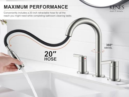 Brushed Nickel Pull Down Widespread Bathroom Faucet 2 Handle 3 Hole | Pull Out Bathroom Faucet with Pop Up Drain & Supply Lines, Lead-Free cUPC & NSF Certified, 8 Inch Faucet for Vanity RV Sink - color: Brushed Nickel