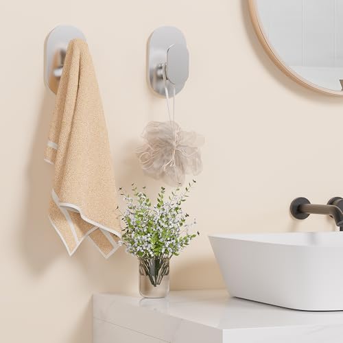 Aikzik Adhesive Towel Hooks - 4 Pack 26LB Heavy Duty Wall Sticky Waterproof Hooks for Hanging Coat, Towel, Robe, Wall Mount for Bathroom or Kitchen (Silver, Stainless Steel) - color: Silver-4