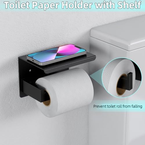 5-Pieces Matte Black Bathroom Hardware Accessories Set, 24 Inch Stainless Steel Towel Racks for Bathroom, Towel Bar Set Towel Ring Coat Hook and Toilet Paper Holder with Shelf Wall Mounted - color: Black