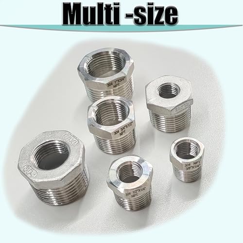 1/2" NPT Male to 1/4" NPT Female Hex Bushing Reducer, 304 Stainless Steel NPT Reducing Adapter Pipe Fitting, Heavy Duty Pipe Hex Bushing for Reducing Pipe (1/2” MNPT x 1/4” FNPT)