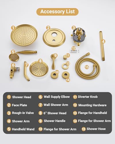 DASAN Antique Dual Shower Head Faucet Set, Brushed Gold Dual Rain Shower Head System Complete Double Head Shower Fixture Combo, 9'' & 6'' Dual Rainfall Overhead Shower with Handheld, Valve & Trim - color: Brushed Gold