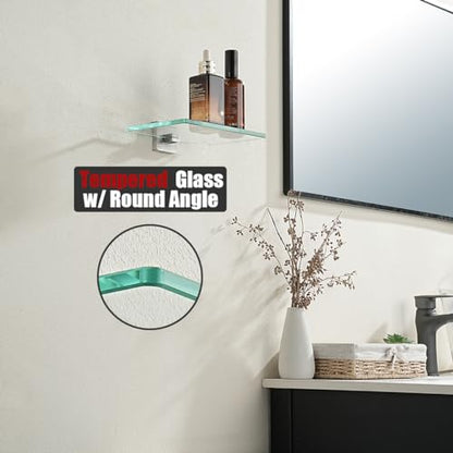 JQK Bathroom Glass Shelf, Tempered Glass Shower Storage 8 by 5 inches, 304 Stainless Steel Brushed Finish Wall Mount, TGS201L8-BN - color: Brushed Steel, size: 8 Inch