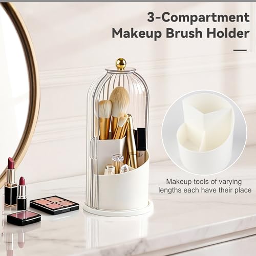 Makeup Brush Holder 360° Rotating Countertop Organizer with Lid Transparent | Transparent Sealed Lid, Waterproof, 3 Compartments, 180° Side Pull Door, for Vanity Makeup Brushes & Bathroom Toothbrushes - color: Transparent