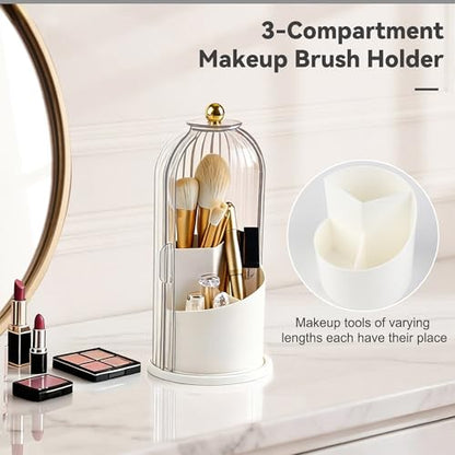 Makeup Brush Holder 360° Rotating Countertop Organizer with Lid Transparent | Transparent Sealed Lid, Waterproof, 3 Compartments, 180° Side Pull Door, for Vanity Makeup Brushes & Bathroom Toothbrushes - color: Transparent