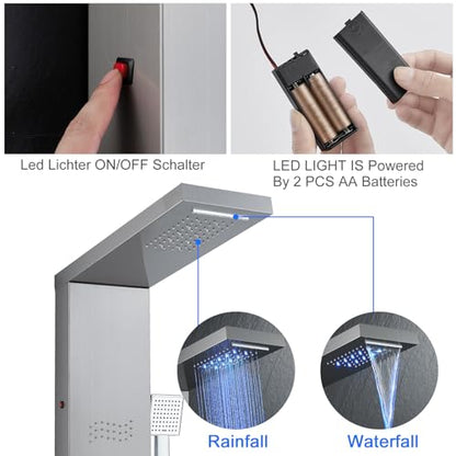 Shower Panel Tower System with LED Lights, Stainless Steel 5 in 1 Shower Panel with Rainfall Waterfall Shower Head, Body Spray, Handheld Shower, Tub Spout (Brushed) - color: Brushed Nickel -Wave Body Spray