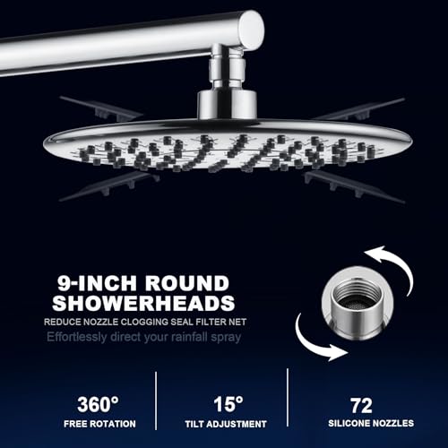 9 Inch Rain Shower Head System with Handheld Spray, Handheld Shower Heads with Multi Spray Modes, Brass Diverter Valve, 360° Swivel Adjustable Rainfall Shower, Chrome Shower Faucet Set for Bathroom - color: Chrome, style: 1.8 Gallons Per Minute-Round
