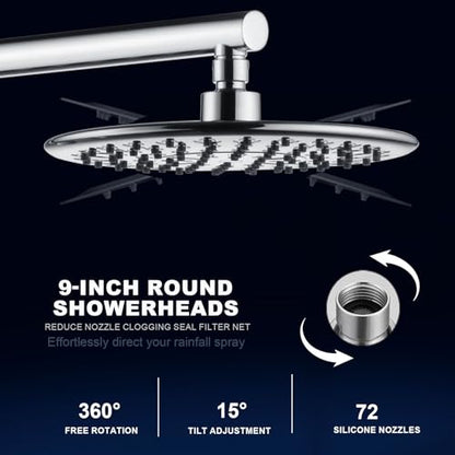 9 Inch Rain Shower Head System with Handheld Spray, Handheld Shower Heads with Multi Spray Modes, Brass Diverter Valve, 360° Swivel Adjustable Rainfall Shower, Chrome Shower Faucet Set for Bathroom - color: Chrome, style: 1.8 Gallons Per Minute-Round