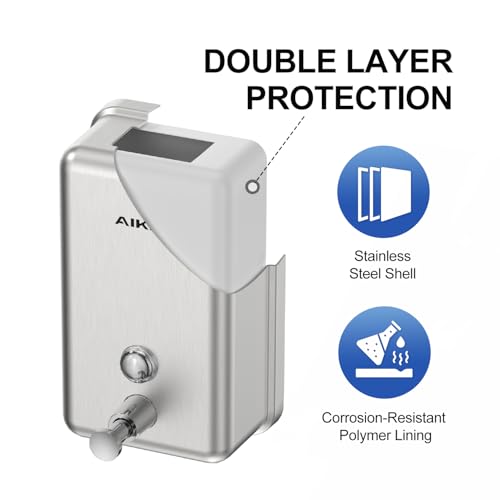 AIKE Nail-Free Glue Wall Mount Liquid Soap Dispenser, 37oz for Bathroom | No-Drill and Screw Wall Mount Design for Space-Saving,Large Capacity with Safety Key for Commercial Bathroom,Stainless Steel