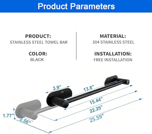 Towel Bar,Adjustable 16-24" Towel Rack,SUS304 Stainless Steel Bathroom Towel Holder,No Drill,Self Adhesive & Wall Mounted for Bathroom Kitchen Hand Towel Holder Cloths(Matte Black) (Black) - color: Black