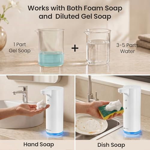 GentleJet EasyFoam Automatic Foaming Soap Dispenser, Touchless USB-C Rechargeable Sensor Pump, 304 Stainless Steel, Adjustable Foam, IPX5 Water-Resistant for Bathroom & Kitchen, 10 fl oz / 300 mL - color: White