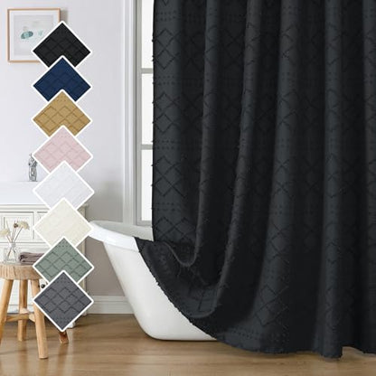 Boho Black Shower Curtain 72x84 Inches, Modern Plaid Stripes Chic Tufted Textured Jacquard Farmhouse Fabric Cloth Shower Curtain for Bathroom Hotel - color: Black, size: 72"W x 84"L (Pack of 1)