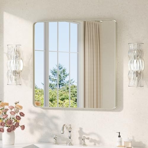 TETOTE Brushed Nickel Bathroom Mirror 30 x 30 Brushed Nickel Metal Framed Bathroom Mirror, Tempered Glass, Modern Farmhouse Wall Mounted Mirror for Decorative(Horizontal/Vertical) - color: Brushed Nickel, size: 30"L x 30"W