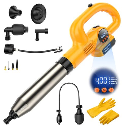 Ecarke 2-in-1 Electric Toilet Drain Unclogger & Air Pump – Compatible with DeWalt 20V Battery (Tool Only), LCD Digital Pressure Display, 5 Attachments for Sink, Shower & Outdoor Inflation (Tool Only)