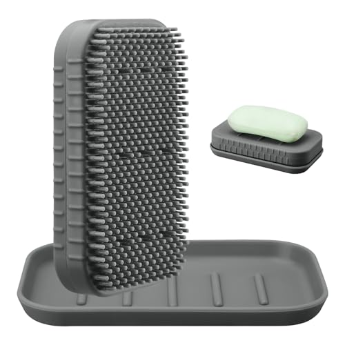 Soap Holder & Brush Set with Built-in Soap Saver Compartment | Silicone Matrial, Includes a Leak-Proof Soap Tray+Brush, Unbreakable&Noise-Free, Soft Brush with Soap Dish- (Dark Grey)