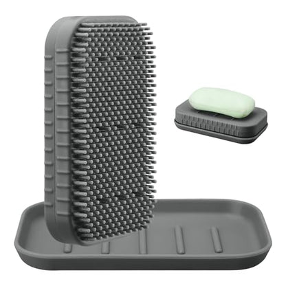 Soap Holder & Brush Set with Built-in Soap Saver Compartment | Silicone Matrial, Includes a Leak-Proof Soap Tray+Brush, Unbreakable&Noise-Free, Soft Brush with Soap Dish- (Dark Grey)