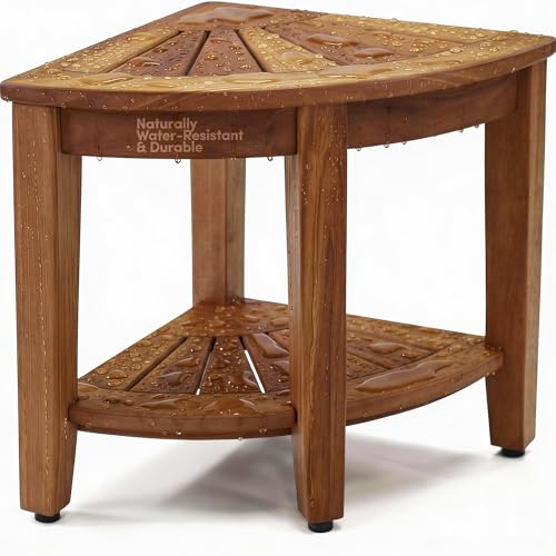 AquaTeak Kai Corner 15.5" Teak Shower Bench | Durable, Water-Resistant Teak, Shower Chair & Shaving Foot Rest, Indoor/Outdoor Use - size: Original - Fully Assembled, style: Corner Stool With Shelf
