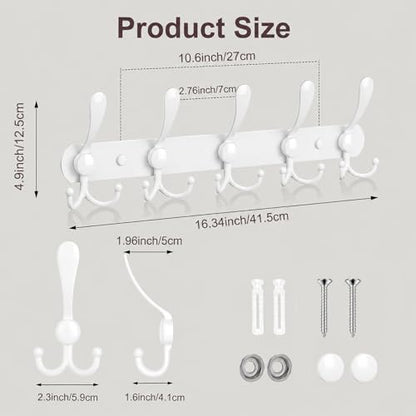 YUNISS Coat Rack Wall Mounted，5 Tri Stainless Steel Coat Hook for Coat Hat Robes Towel in Mudroom Entryway (White, 2 Pack 5 Hook) - color: White, size: 2 Pack 5 Hook