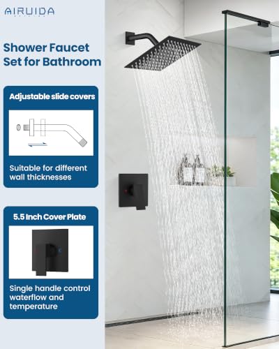 Airuida Shower Faucet Set,8 Inch Shower Valve Kit,Matte Black | Male Threads,Rough-in Valve Shower Trim Kit,Single Handle Control Shower Set - color: Matte Black, size: 8 Inch
