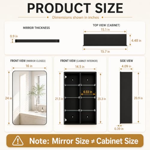 16x24 Medicine Cabinet with Mirror, Aluminum Bathroom Wall Organizer, Pre-Assembled, Center Partition for Tall Bottles, 6 Adjustable Shelves, Soft-Close, Recessed/Surface Mount, Matte Black - size: 16" x 24"
