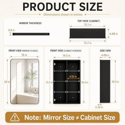 16x24 Medicine Cabinet with Mirror, Aluminum Bathroom Wall Organizer, Pre-Assembled, Center Partition for Tall Bottles, 6 Adjustable Shelves, Soft-Close, Recessed/Surface Mount, Matte Black - size: 16" x 24"