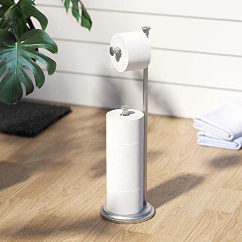 Free Standing Toilet Paper Holder Stand Brushed Nickel Toilet Roll Stand Bathroom Tissue Rack with Storage Reserves 5 Mega Rolls - color: B-brush Nickel