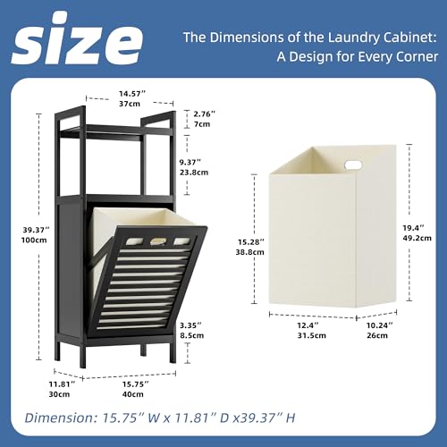 HITNET Tilt Out Laundry Hamper, Bamboo Bathroom Cabinet with Pull Out Removable Bag and 2 Tier Storage Shelves, 10 Gal Clothes Basket with Metal Handle, Black - color: Black