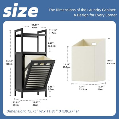 HITNET Tilt Out Laundry Hamper, Bamboo Bathroom Cabinet with Pull Out Removable Bag and 2 Tier Storage Shelves, 10 Gal Clothes Basket with Metal Handle, Black - color: Black