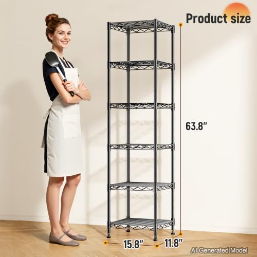 DurayLoly 63.8" H 6-Tier Narrow Storage Shelves, 265lbs, Adjustable, Pantry | Slim 15.8"Wx11.8"D, Leveling feet+anti-tip, Rustproof, 15-min tool-free assembly, For kitchen, bath, laundry, pantry, closet - size: 15.8"W x 11.8"D x 63.8"H