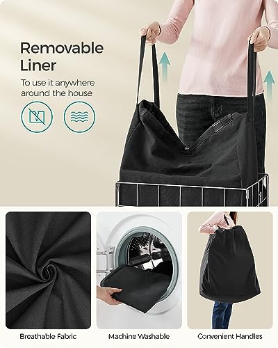 SONGMICS Laundry Hamper, 23.8 Gal. (90L) Laundry Basket, Collapsible Clothes Hamper, Removable and Washable Liner, Metal Wire Frame, for Bedroom Bathroom, Silver and Classic Black ULCB190B01 - color: Silver + Classic Black, size: 90 L